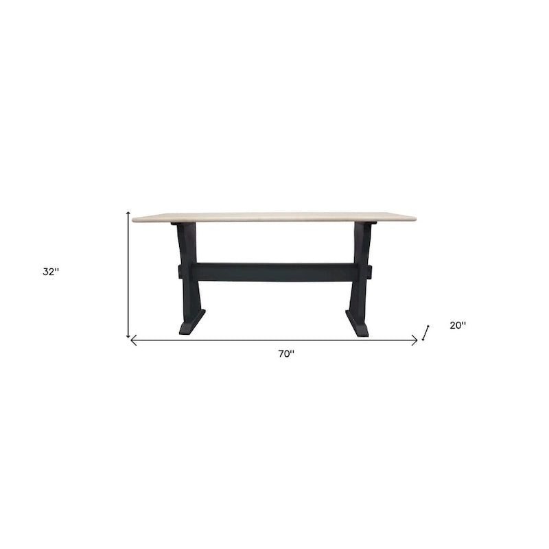 70-Inch Genuine Marble Console Table with Ivory Top and Black Solid Wood Trestle Base