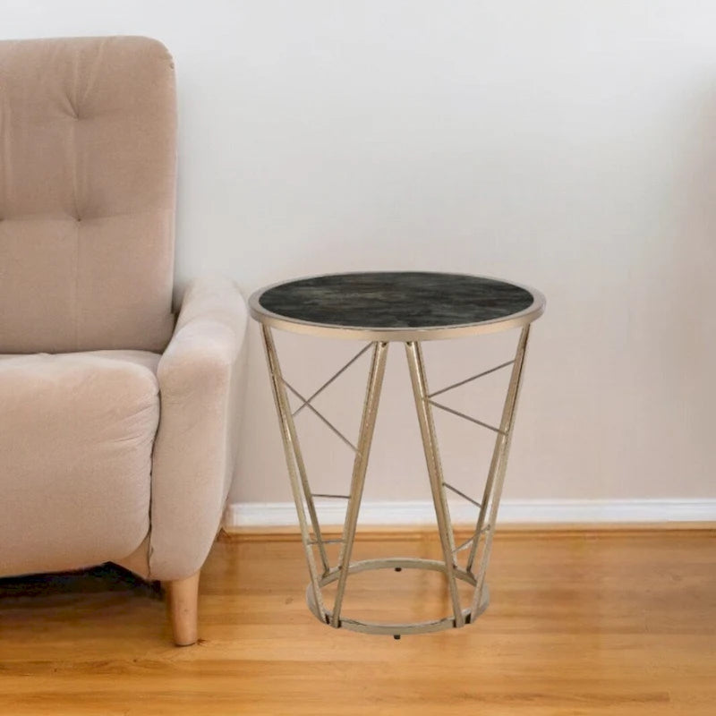 Round End Table with Black Faux Marble Glass Top and Champagne Geometric Metal Base