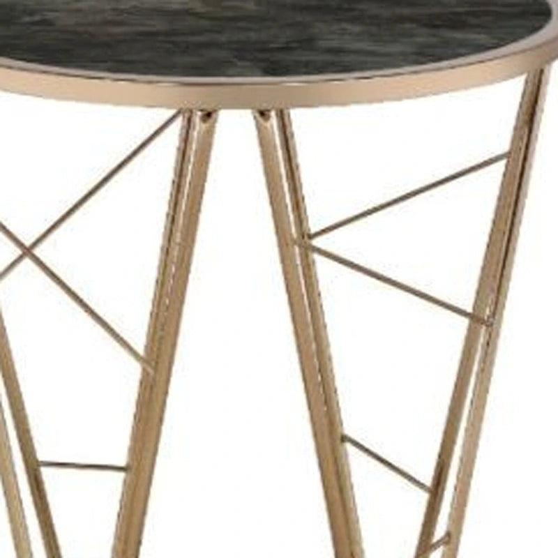 Round End Table with Black Faux Marble Glass Top and Champagne Geometric Metal Base