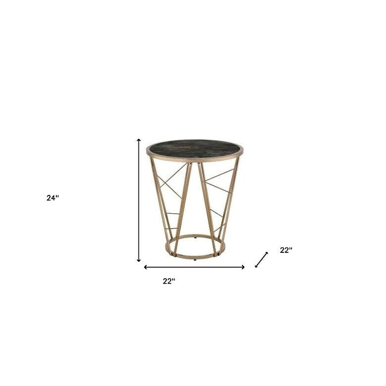 Round End Table with Black Faux Marble Glass Top and Champagne Geometric Metal Base