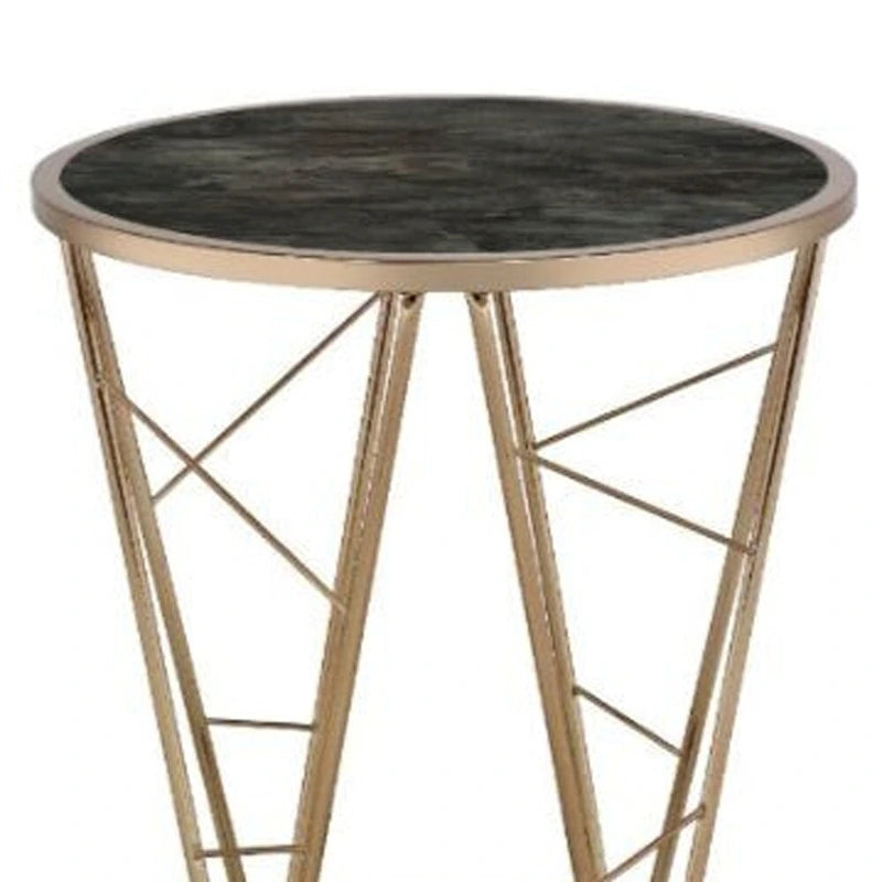 Round End Table with Black Faux Marble Glass Top and Champagne Geometric Metal Base
