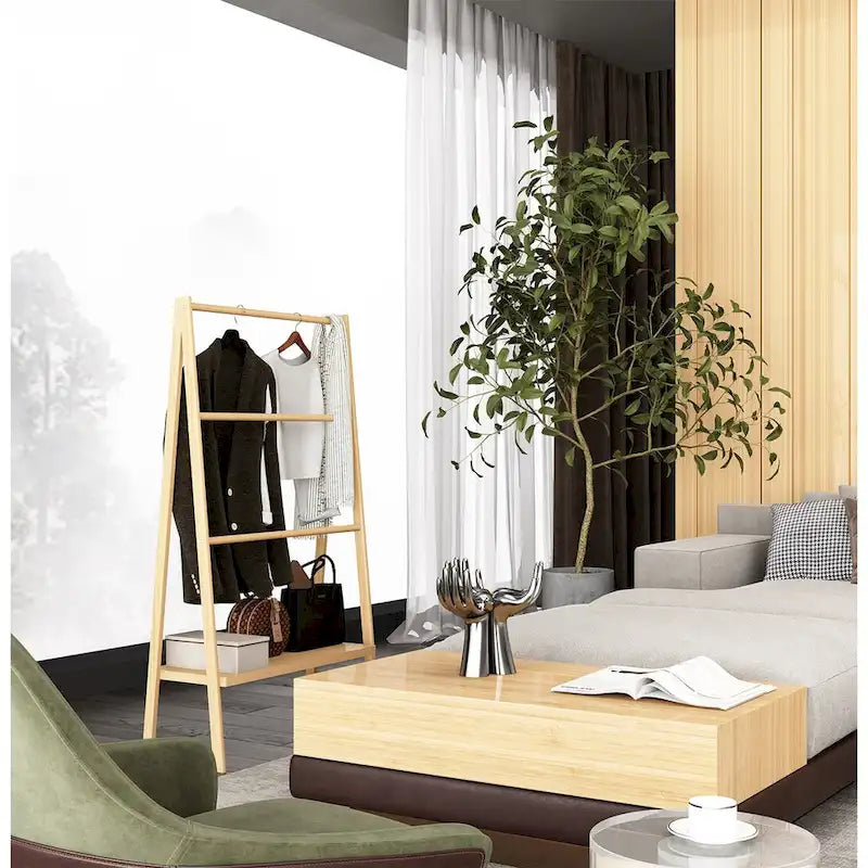 Freestanding Bamboo Bathroom Storage Cabinet with Louvered Doors and Open Shelf