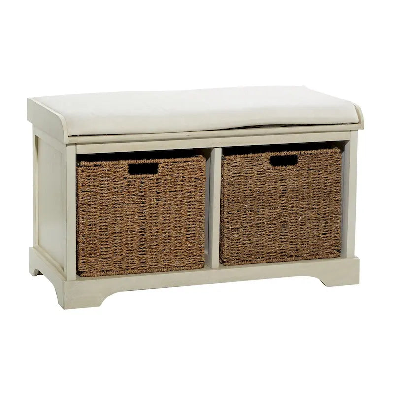 Banc de rangement en bois avec paniers en osier et siège capitonné