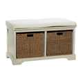 Banc de rangement en bois avec paniers en osier et siège capitonné