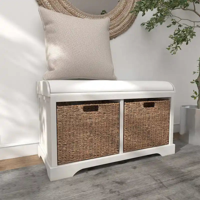Banc de rangement en bois avec paniers en osier et siège capitonné