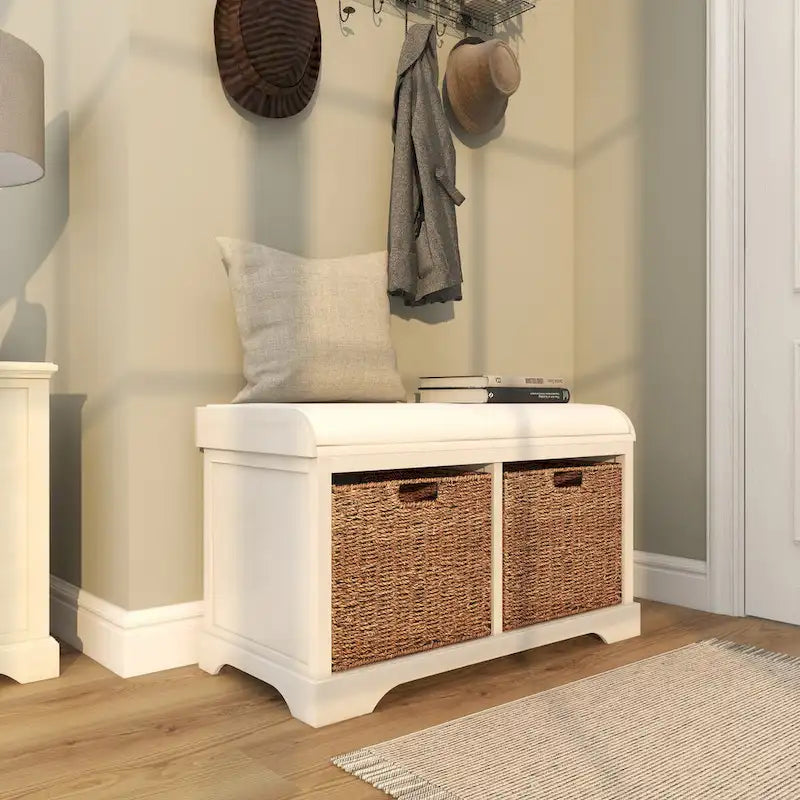 Banc de rangement en bois avec paniers en osier et siège capitonné