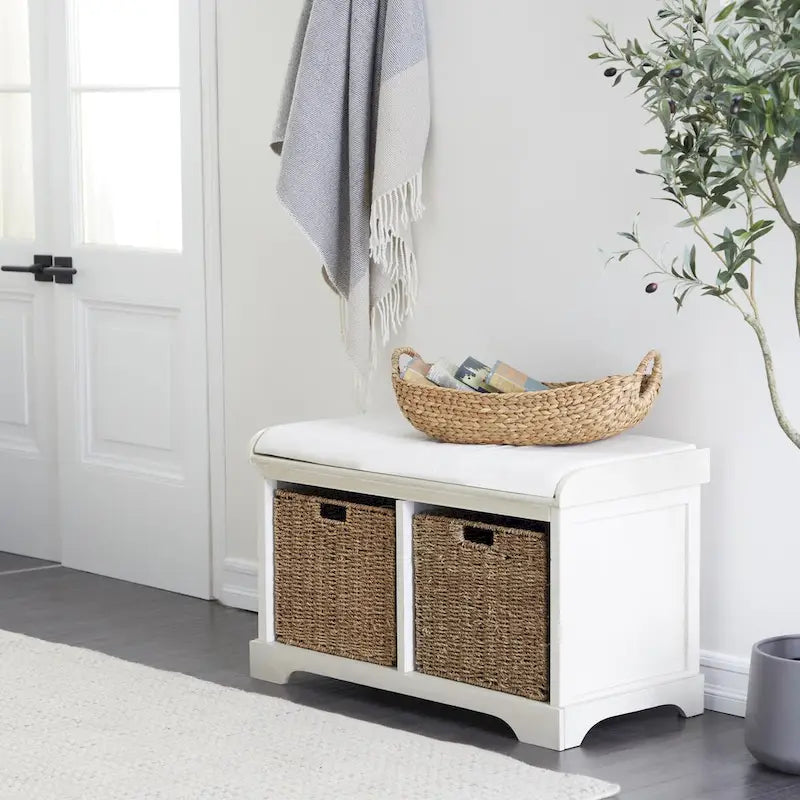 Banc de rangement en bois avec paniers en osier et siège capitonné