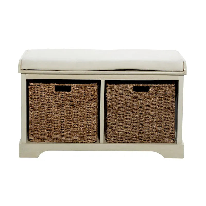 Banc de rangement en bois avec paniers en osier et siège capitonné