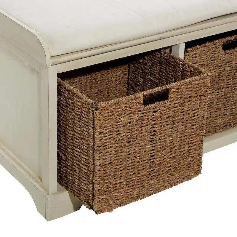 Banc de rangement en bois avec paniers en osier et siège capitonné