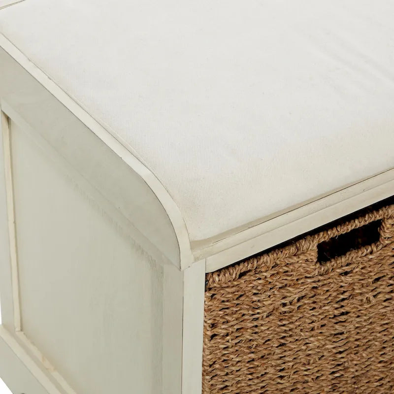 Banc de rangement en bois avec paniers en osier et siège capitonné