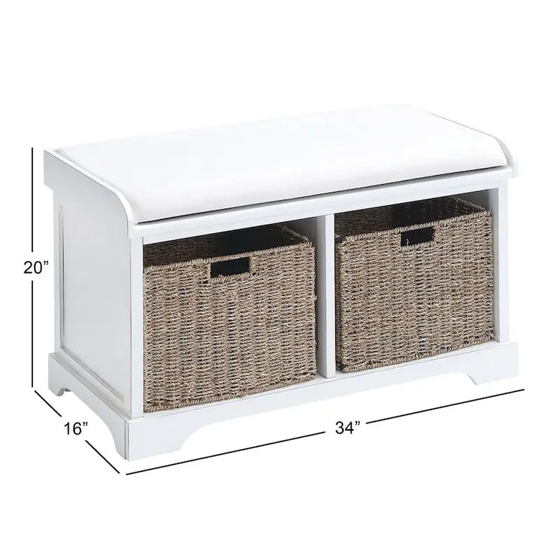 Banc de rangement en bois avec paniers en osier et siège capitonné