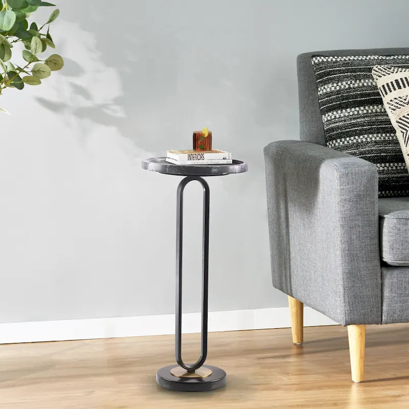 Round Marble Pedestal End Table with Metal Bracket