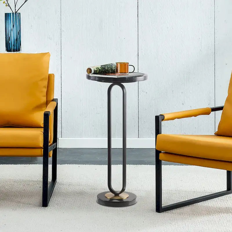 Round Marble Pedestal End Table with Metal Bracket