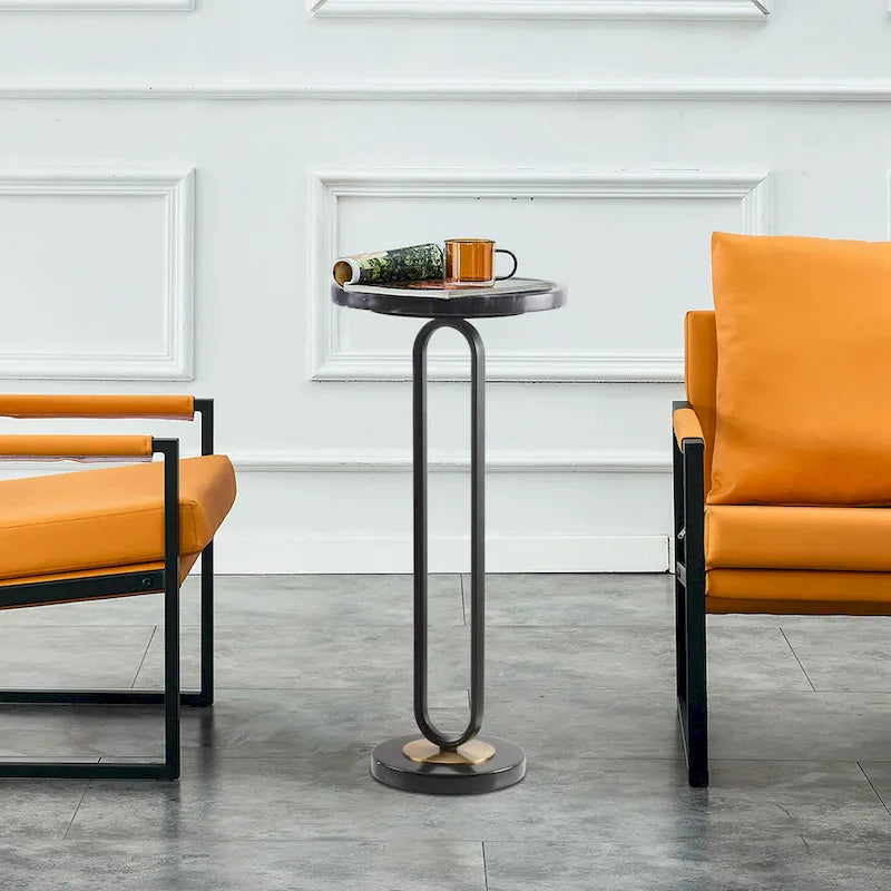 Round Marble Pedestal End Table with Metal Bracket